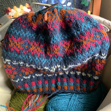 Katie's Kep hand knit hat in stranded colorwork using Rauma Finull yarn