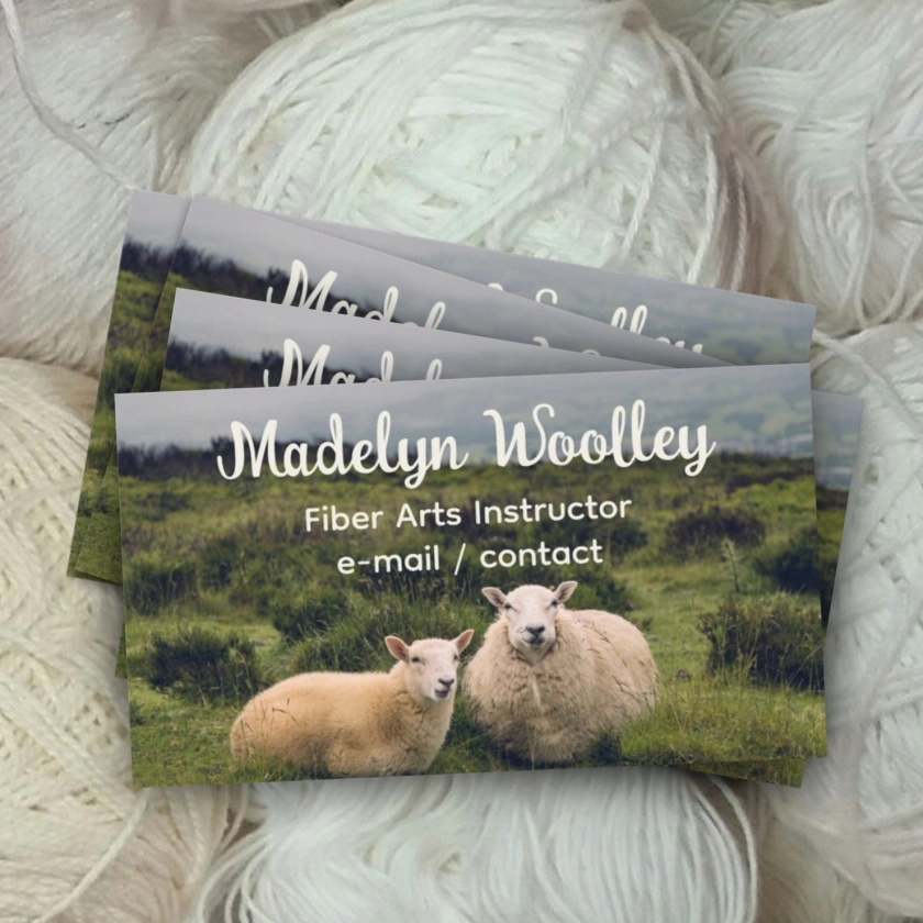 Sheep in field business cards knitting yarn